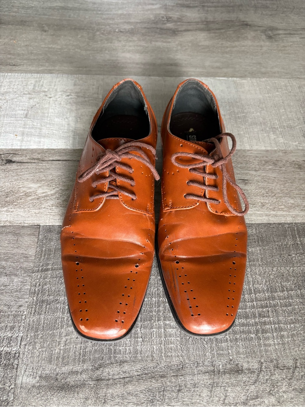 Boys Stacy Adams Classic Lace-Up Dress Shoes in Cognac Brown.
